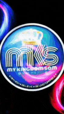 a blue and pink circle with the words my kingdom sam on it