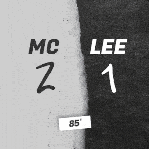 a black and white poster that says mc 2 lee 1 and 85 '