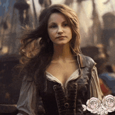 a woman in a pirate outfit with a sticker of roses