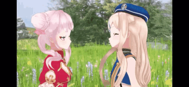 two anime girls are kissing in a field of grass