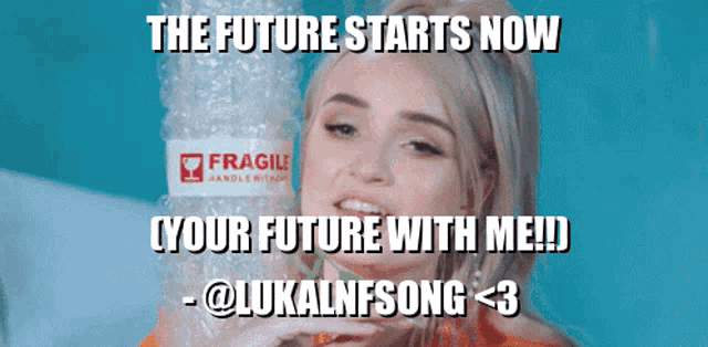 a woman is holding a bubble wrap bottle with the words " the future starts now your future with me "