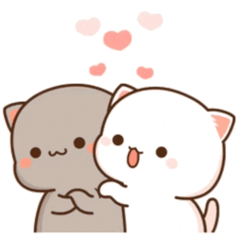a couple of cartoon cats hugging each other with hearts flying around them .