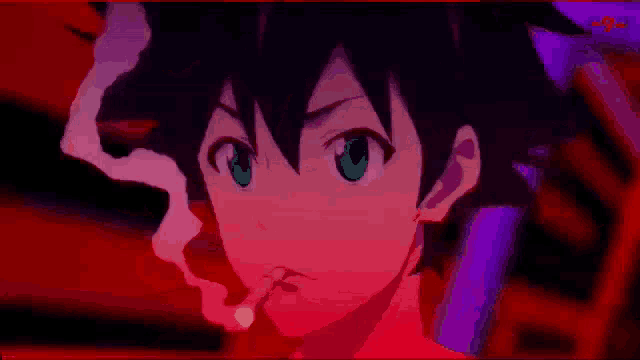 a man is smoking a cigarette in a red and purple anime scene .