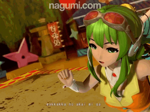 a cartoon girl with green hair is standing in front of a sign that says nagumi.com