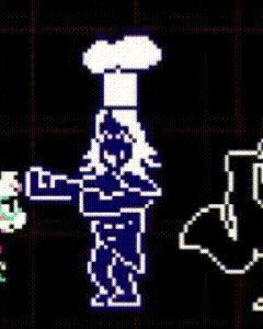a pixel art of a chef and a monster on a black background . the chef is wearing a chef 's hat .