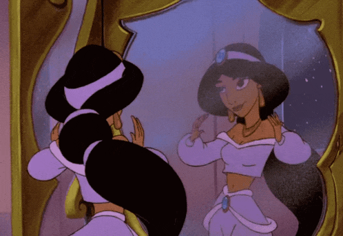 a cartoon princess is looking at herself in the mirror