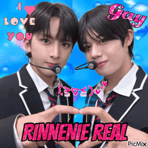 two boys in suits and ties are making a heart shape with their hands and the words rinnenie real are on the bottom right