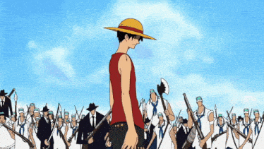 a man in a straw hat stands in front of a large group of men