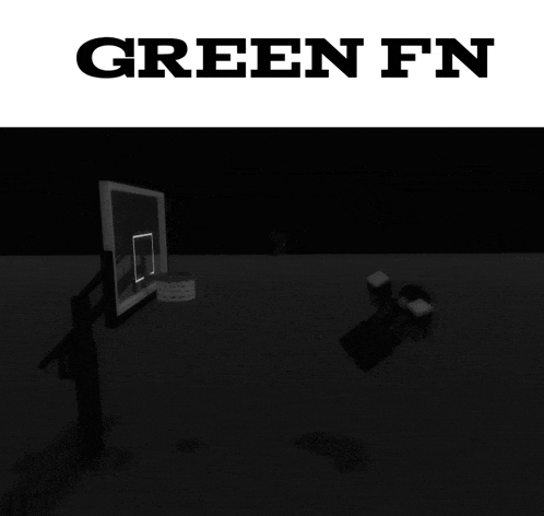 a black and white image of a basketball hoop with the words green fn below it
