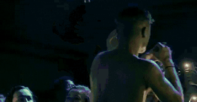a shirtless man is singing into a microphone in front of a crowd of people at a concert .