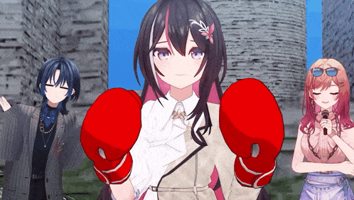 a girl wearing boxing gloves stands in front of a microphone