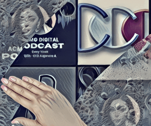 a woman 's hand is touching a sign that says mc digital acw podcast