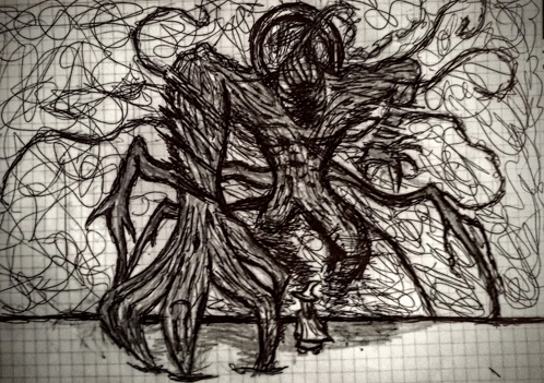 a black and white drawing of a monster with a lot of tentacles