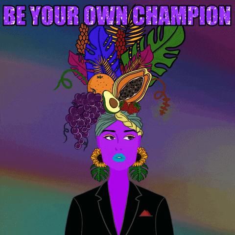 an illustration of a woman with fruit on her head and the words be your own champion below her