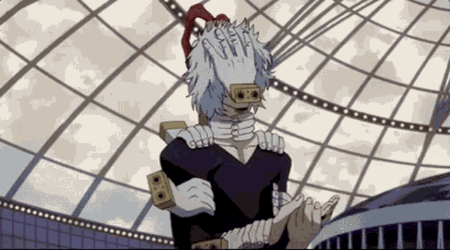 a cartoon character from my hero academia is standing in front of a building .