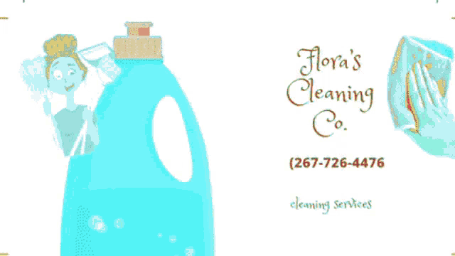a flyer for flora 's cleaning company shows a woman holding a sponge