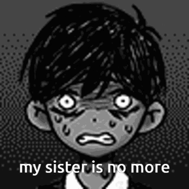 a black and white drawing of a boy with the words `` my sister is no more '' written on it .
