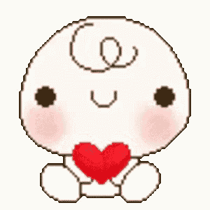 a pixel art illustration of a baby holding a red heart in its mouth .