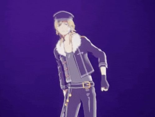 a man in a purple jacket and hat is standing on a stage .