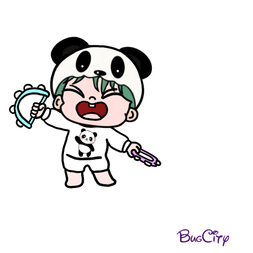 a baby wearing a panda hat is holding a tambourine