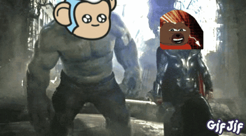 a gif of a monkey standing next to a hulk