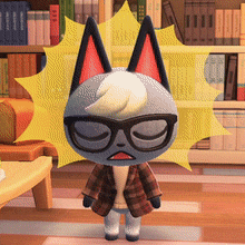 a cat wearing glasses and a plaid jacket stands in front of a bookshelf