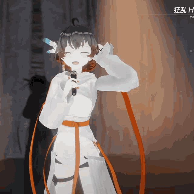 a cartoon character is singing into a microphone with the letters h on the bottom left