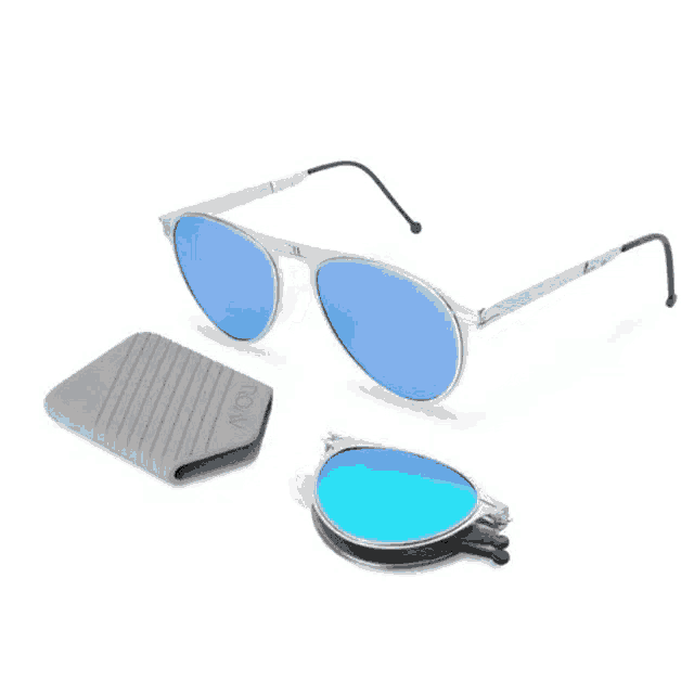 a pair of round sunglasses with a case and a cleaning cloth .