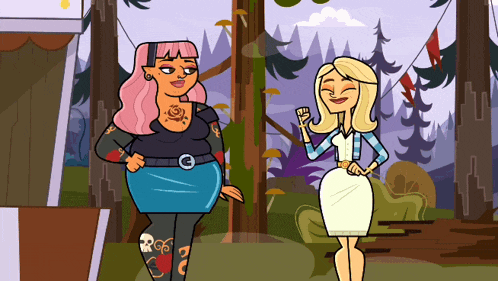 a cartoon of two women standing next to each other in a forest