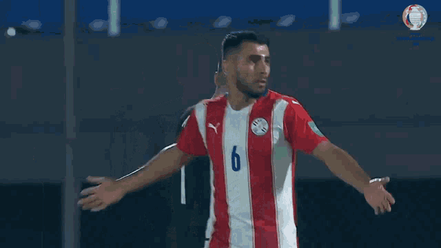 a soccer player wearing a red and white jersey with the number 6