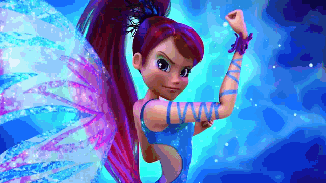 a cartoon girl with a ponytail and wings flexes her arm