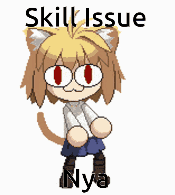 a pixel art of a girl with a cat ear and the words skill issue nya below her