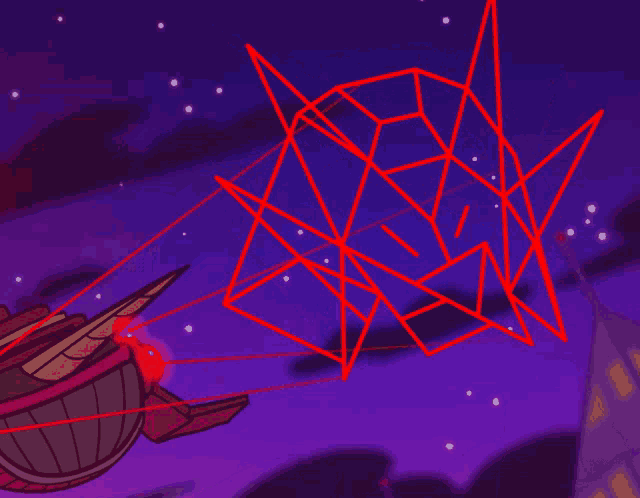a purple background with a red geometric shape