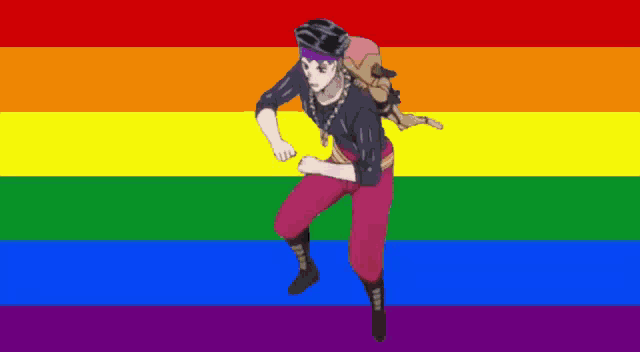 a cartoon character is standing in front of a rainbow flag with a backpack on his back .