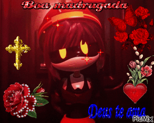 a cartoon girl is surrounded by red flowers and a gold cross