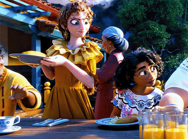 a woman in a yellow dress is holding a plate of food in her hand