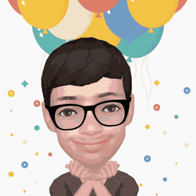 a caricature of a man with glasses and balloons behind his head