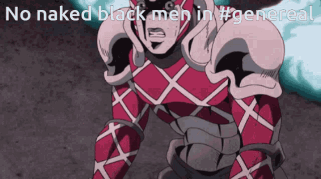 a cartoon character with the words no naked black men in #general on the bottom