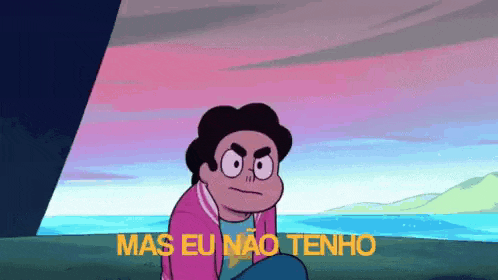 a cartoon character from steven universe is sitting in front of a body of water with the words mas eu não tenho above him .