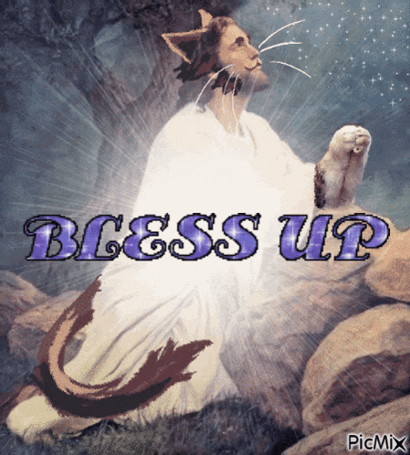 a painting of jesus with a cat 's tail and the words bless up above him