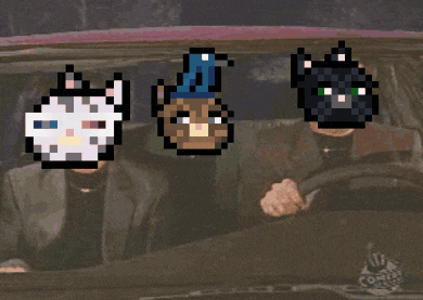 a pixel art drawing of a man driving a car with three cats in the back seat