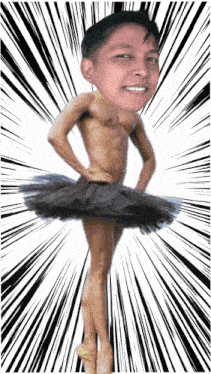 a shirtless man is wearing a black tutu with a face on it