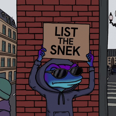 a cartoon character is holding a sign that says list the snek