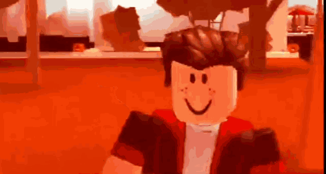 a roblox character with a smiley face is standing in front of a building .