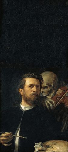a painting of a man holding a brush with a skeleton behind him