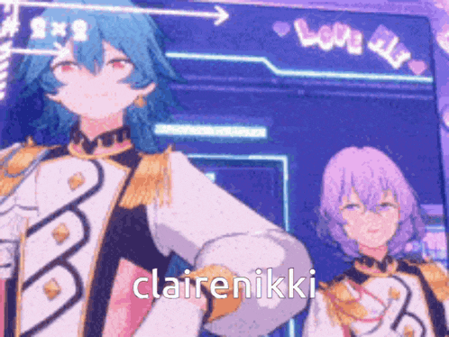 a couple of anime characters standing next to each other with the name clairenikki on the bottom right