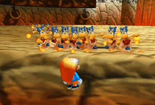 a cartoon character is standing in front of a bunch of animals