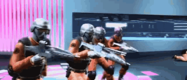 a group of soldiers are holding guns in a room with pink lights .