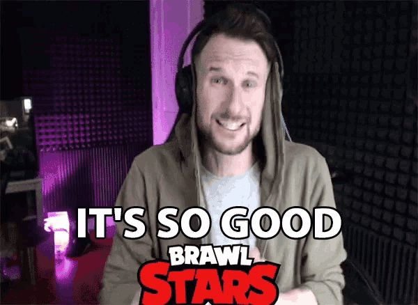 a man wearing headphones with the words it 's so good brawl stars behind him