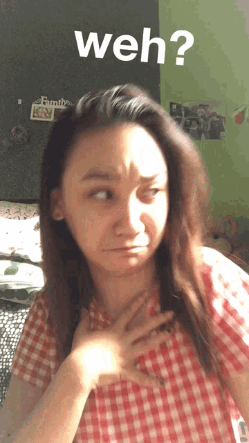 a girl in a red and white checkered shirt is making a funny face with the word weh written above her